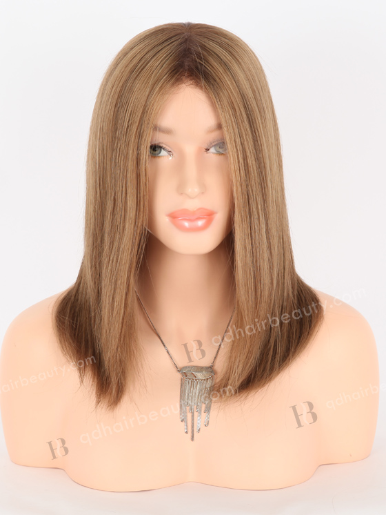 In Stock European Virgin Hair 12" All One Length Straight 8a/4/9# Highlights, Roots 4# Color Lace Front Silk Top Glueless Wig GLL-08069